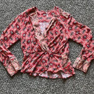Free People Womens Large Red/Pink Floral Boho Vneck Blouse